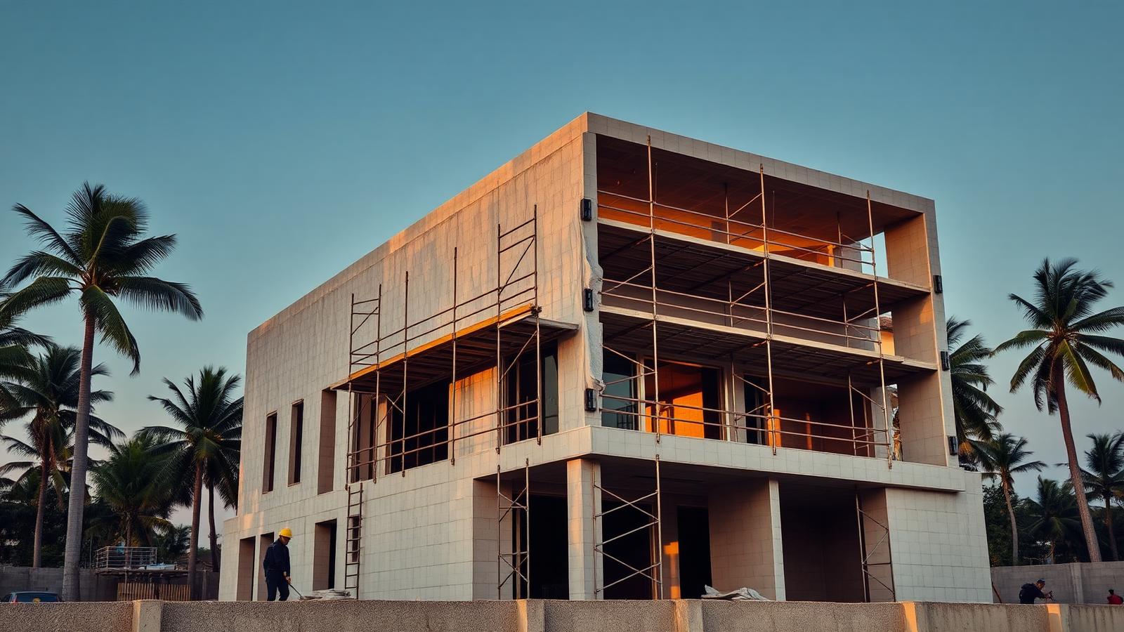 Chantier de construction résidentielle haut de gamme à Abidjan à l'heure dorée