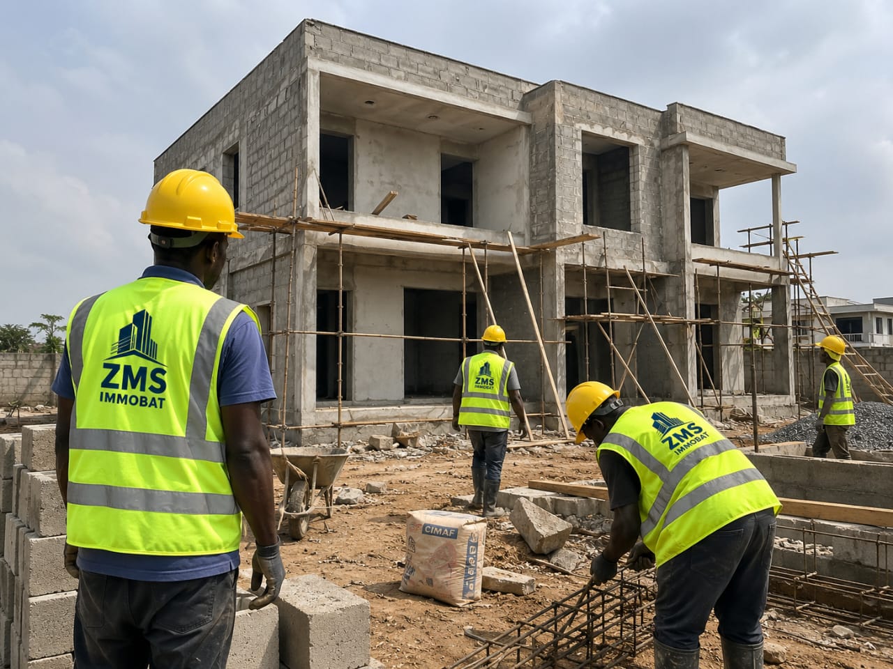 Équipe ZMS IMMOBAT en gilets floqués sur un chantier de villa R+1 en cours de gros œuvre en Côte d'Ivoire