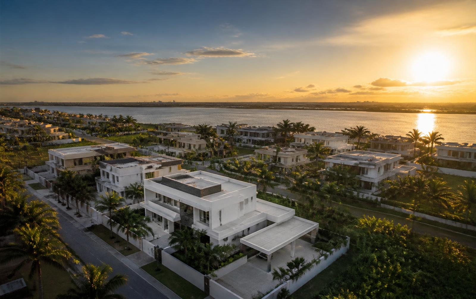 Vue aérienne d'un quartier résidentiel haut de gamme d'Abidjan en bord de lagune à l'heure dorée